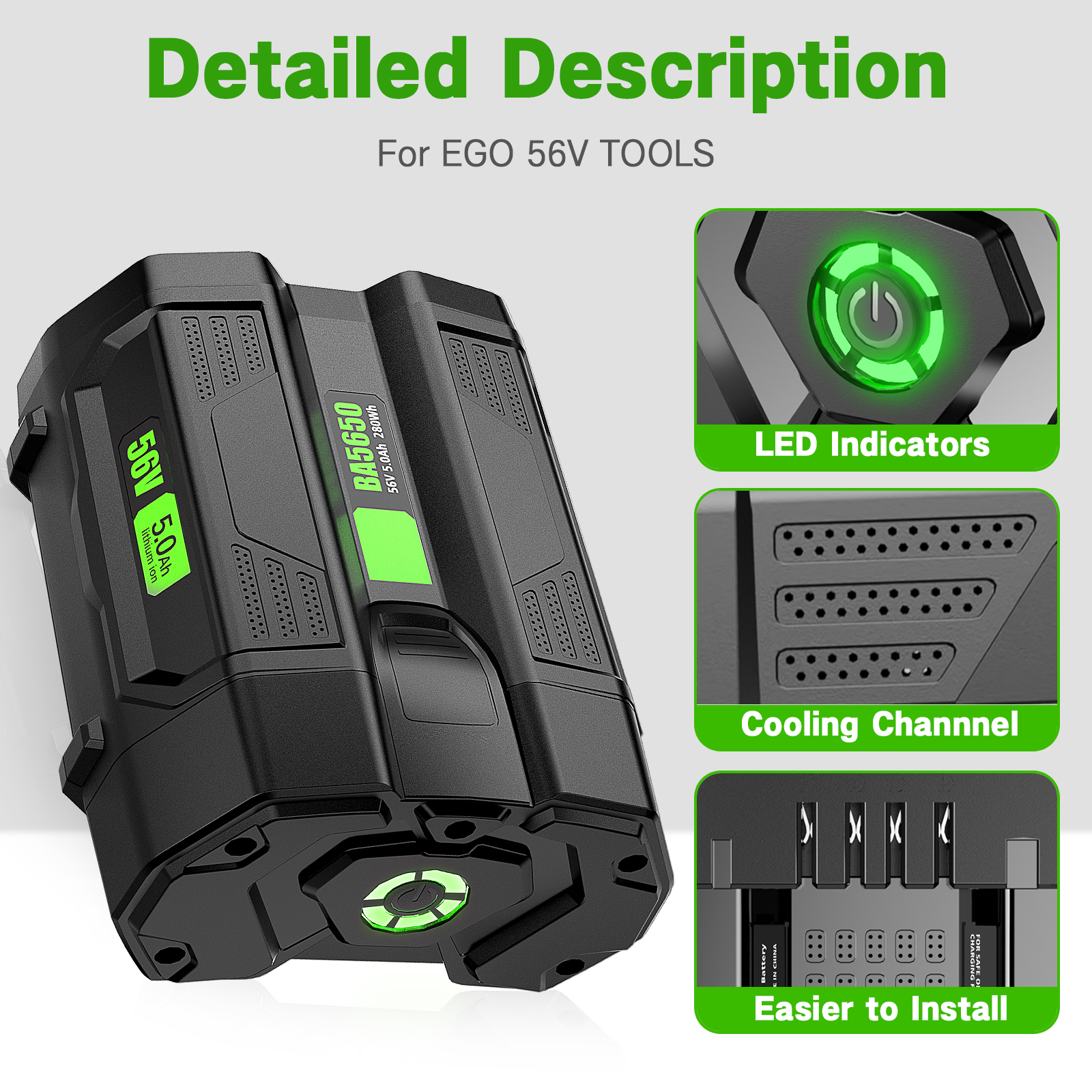 EGO 56V 5.0Ah Lithium Ion Battery Replacement - Compatible With EGO Power Tools And Chargers
