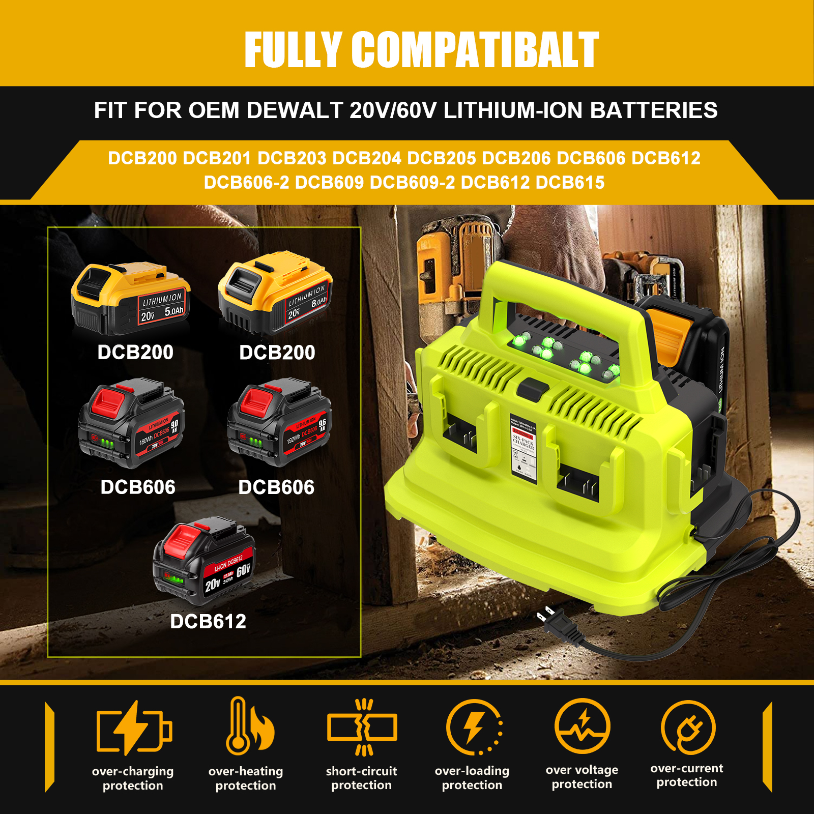 DMMNS 6-Port Rapid Battery Charger Station – Replacement For Dewalt 20V/60V Flexvolt, AC100-240V, DC21V 3A
